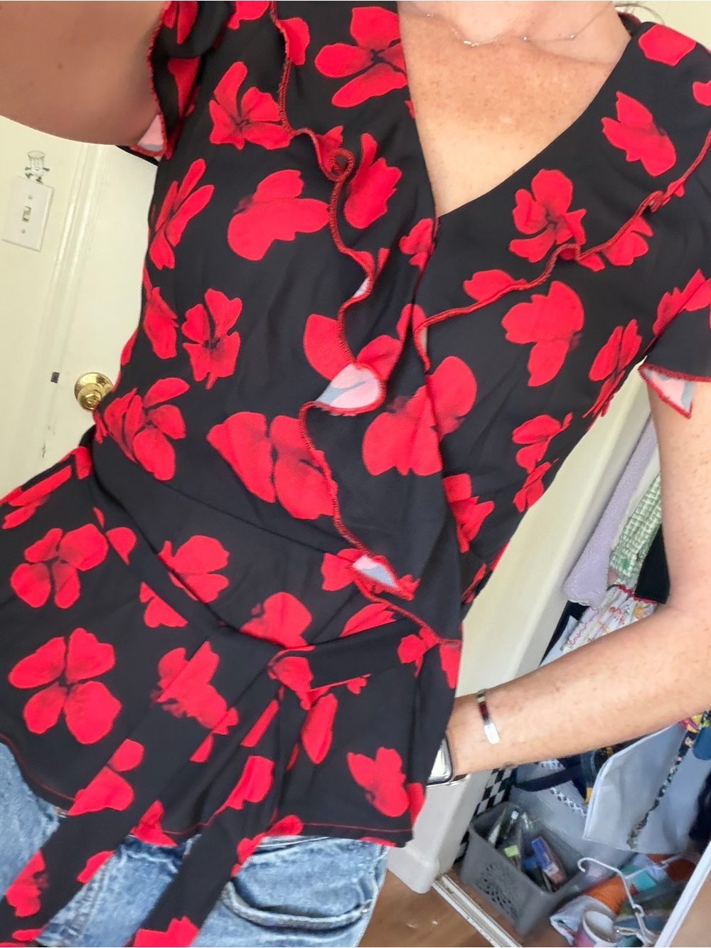 Womens Black and Red Floral Print Blouse with Tie Waist and V Neck